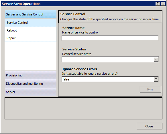 Screenshot of Server Farm Operations dialog box displaying fields for Service Name Service Status and Ignore Service Errors.