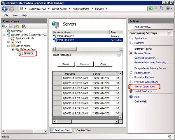 Screenshot of I I S Manager console with Servers selected from the Server pane and Serve Operations option highlighted in Actions pane.