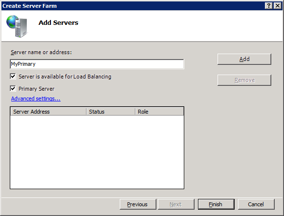 Screenshot that shows the Add Servers page in the Create Server Farm wizard.