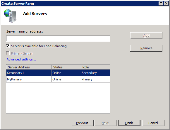 Screenshot that shows the Add Servers page in the Create Server Farm wizard. A primary and secondary server address is listed.