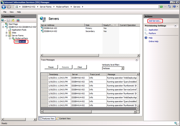 Screenshot that shows the Internet Information Services Manager, with Servers in the Connections pane and Add Servers in the Actions pane highlighted.