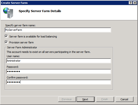 Screenshot that shows the Specify Server Farm Details page in the Create Server Farm wizard.