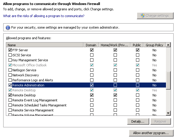 Screenshot of Allowed programs and features page showing Remote Administration selected.