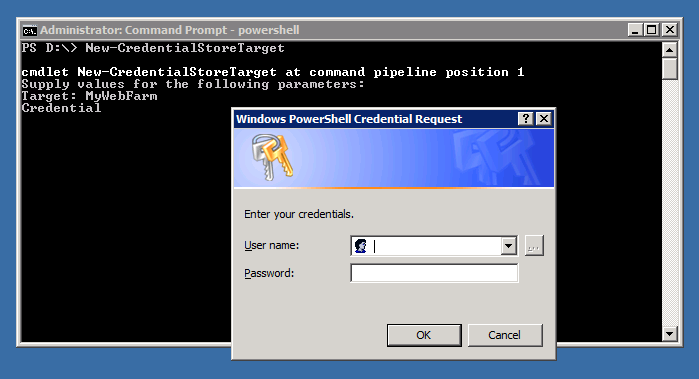 Screenshot that shows the Windows Power Shell Credential Request dialog box. New Credential Store Target is entered on the command line in Power Shell.
