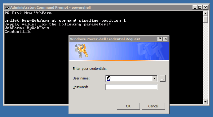 Screenshot that shows the Windows Power Shell Credential Request dialog box. New Web Farm is entered on the command line in Power Shell.