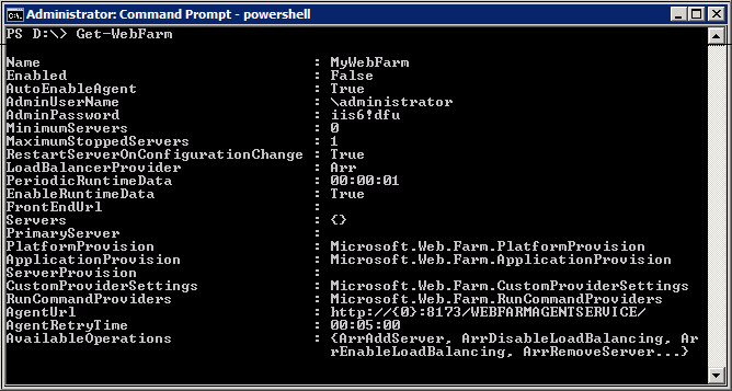 Screenshot that shows Windows Power Shell. Get Web Farm is entered on the command line.
