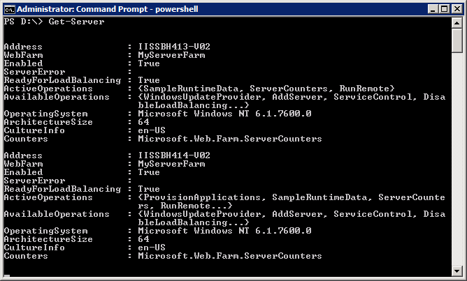 Screenshot that shows Windows Power Shell. Get Server is entered on the command line.