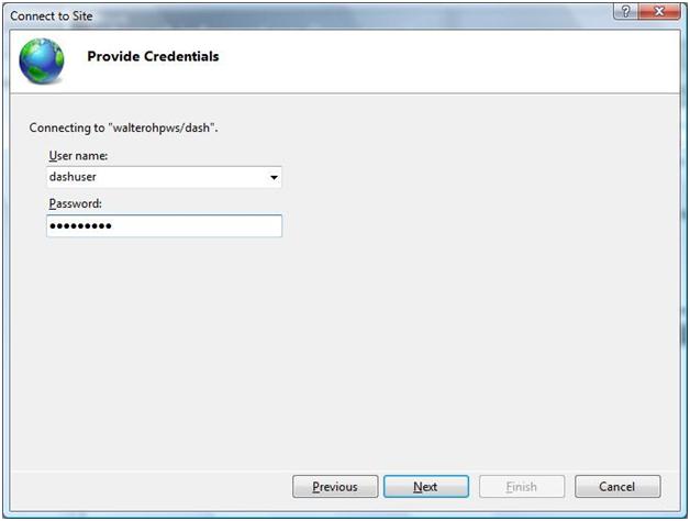 Screenshot of the Provide Credentials screen with the user's credentials entered into the User name and Password fields.