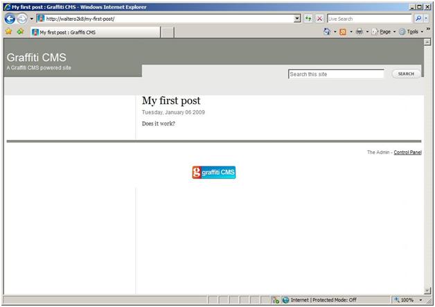 Screenshot of Internet Explorer window showing a posting as Admin user in new hosting environment.