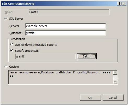 Screenshot of Edit Connection String dialog box showing S Q L Server connection selected.