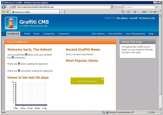 Screenshot of Internet Explorer showing Admin Control Page.