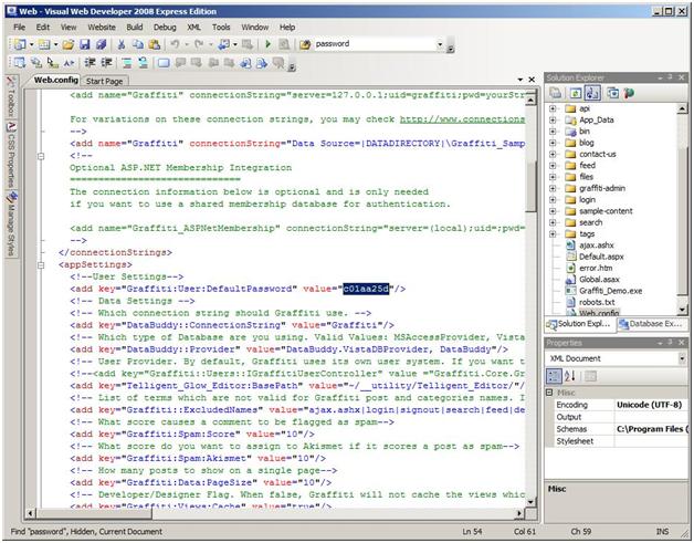 Screenshot of Visual Web Developer window showing appSettings.