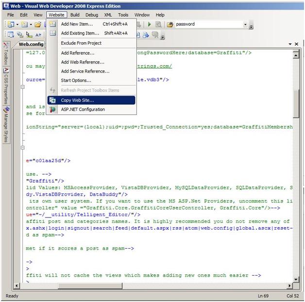 Screenshot of Visual Web Developer window showing Copy Web Site selected.