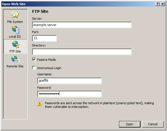 Screenshot of Open Web Site dialog box showing Server name, Port, and user credentials with Passive mode selected.