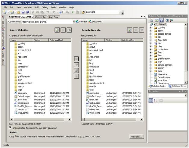 Screenshot of Visual Web Developer showing publishing to target server.