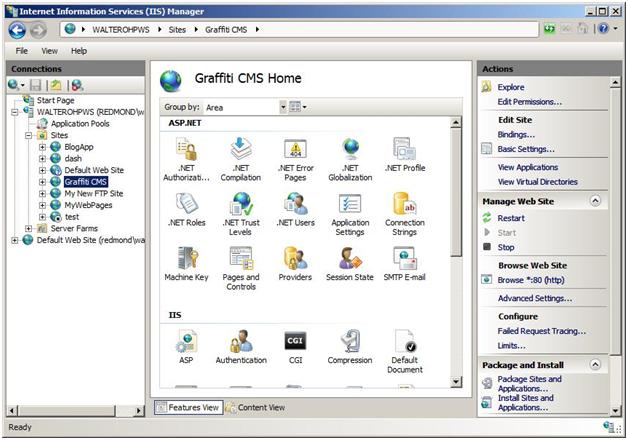 Screenshot of I I S Manager window showing selection of new S Q L server.