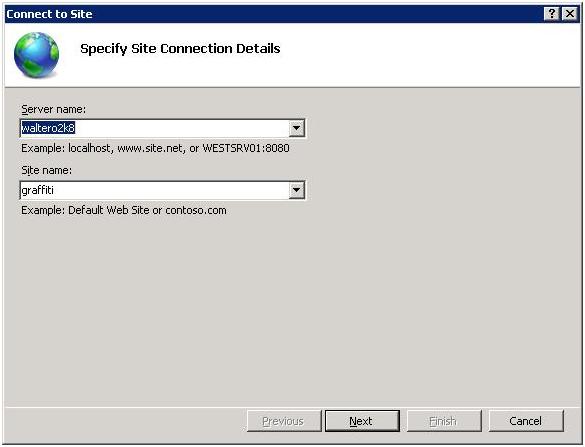 Screenshot of Connect to Site dialog box showing Server name and Site name.