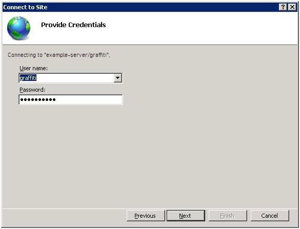 Screenshot of Connect to Site dialog box showing user credentials.