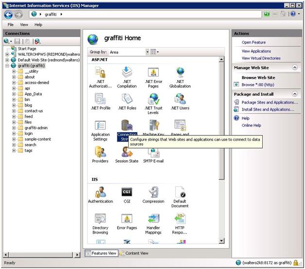 Screenshot of I I S Manager window showing new Graffiti site Connection String icon selected.