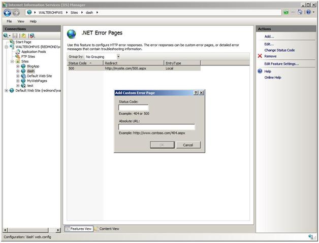 Screenshot that shows the Add Custom Error Page dialog box.