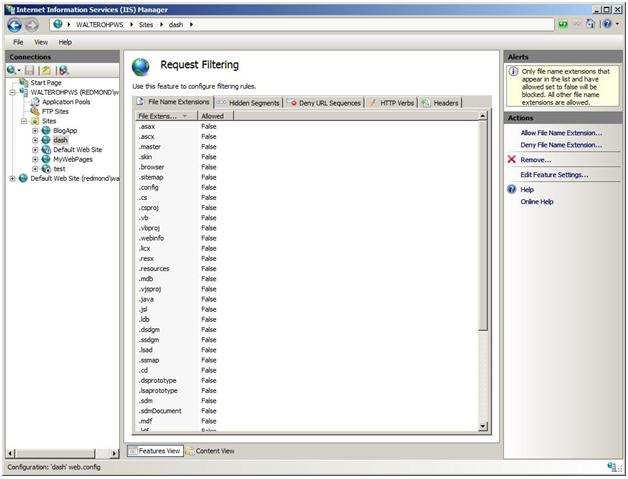 Screenshot that shows the Request Filtering pane in the I I S Manager.
