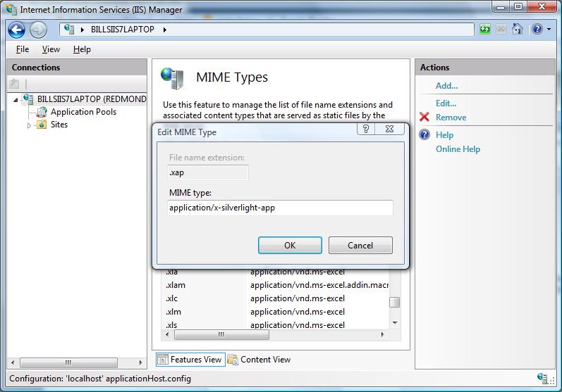 Screenshot of the Edit MIME Type dialog box, showing application/x-silverlight-app in the M I M E Type field.