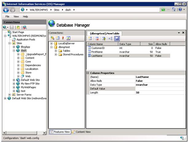 Screenshot of the Database Manager screen with the D B M G R test connection Features view.