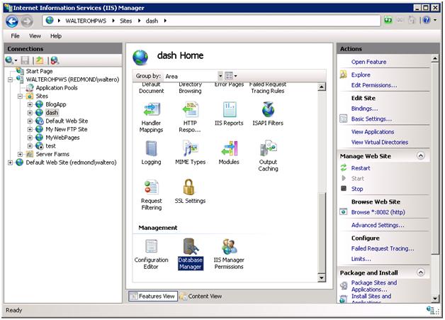 Screenshot of the dash Home screen with the Database Manager option being highlighted.
