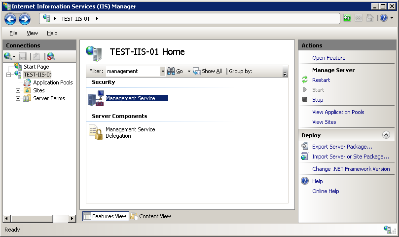 Screenshot of the I I S Manager window displaying the Test I I S Home page. The Management Service icon is highlighted.