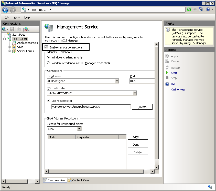 Screenshot of the I I S Manager window displaying the Management Service Page.