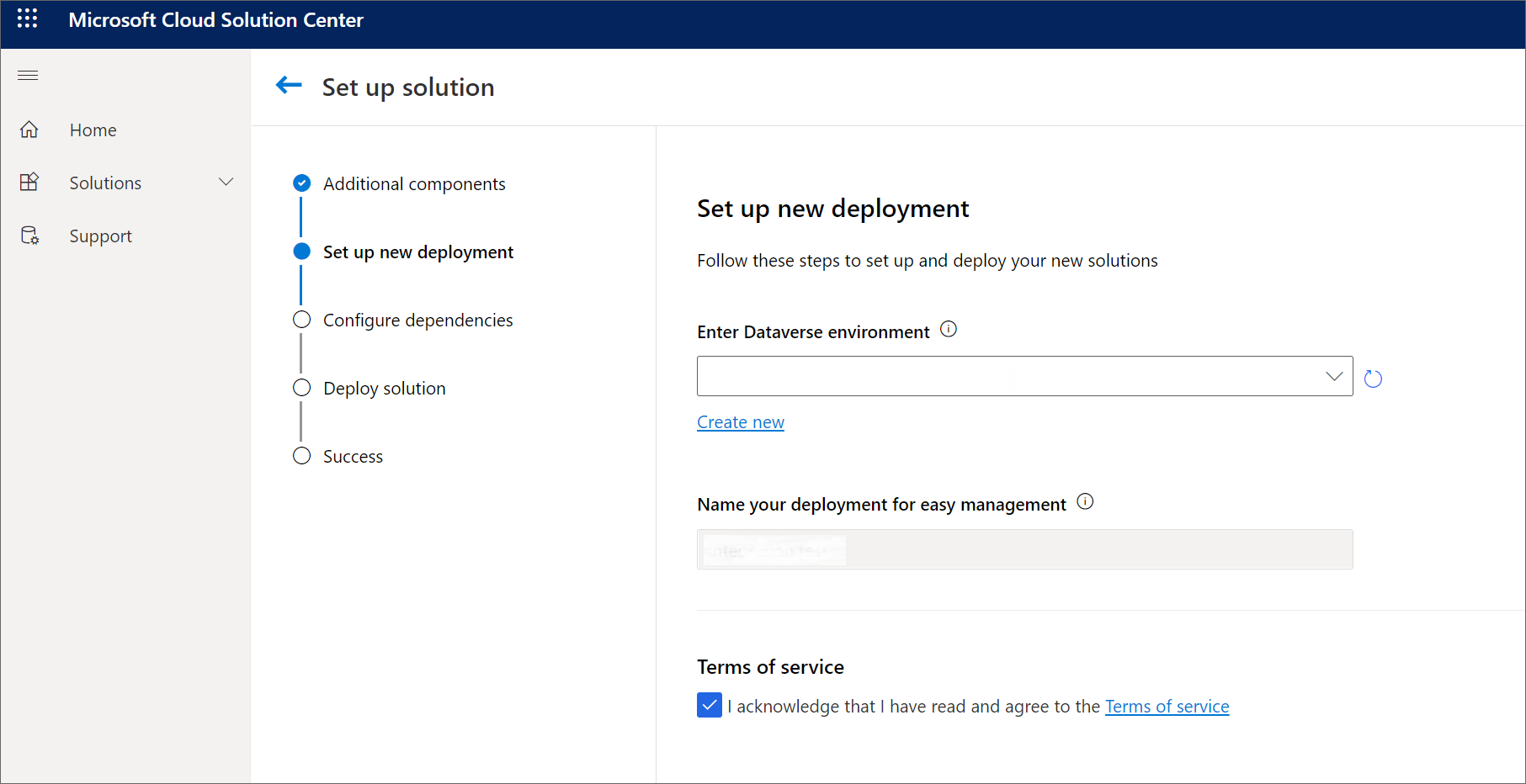 Image of the Set up new deployment page in the Solutions Center.