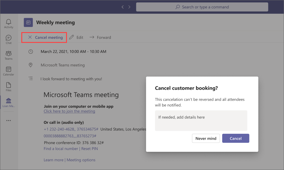 Image of the Cancel meeting button and confirmation