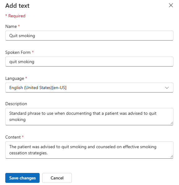 the add text pane in Dragon admin center