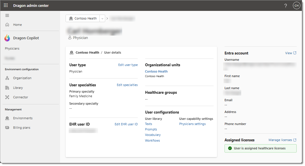 Screenshot of the user details screen in Dragon admin center.