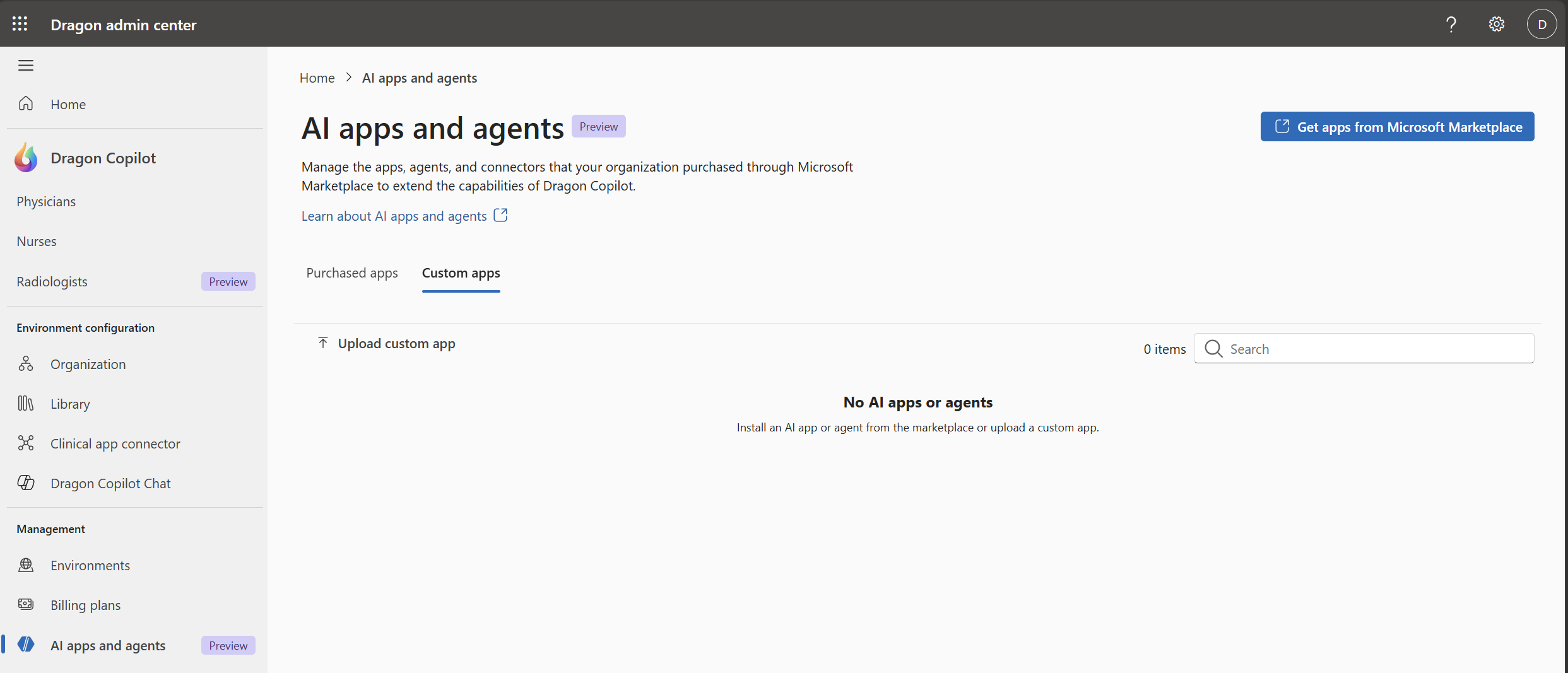 Dragon admin center AI apps and agents page
