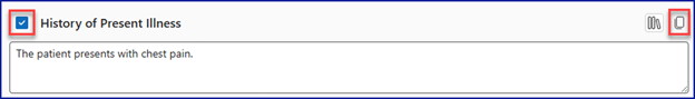 HPI section with 'the patient presents with chest pain typed in it' and checkbox checked and copy icon highlighted.