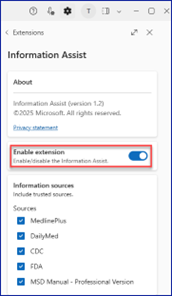 info assist screen with enable extension option toggled on