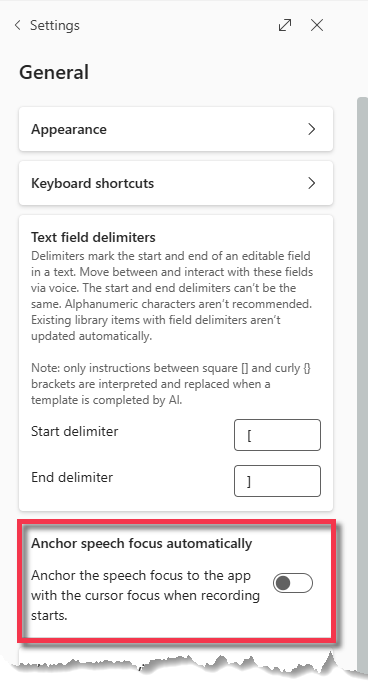 general settings with anchor speech focus automatically disabled