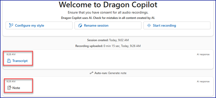 Dragon copilot screen with transcript and note highlighted