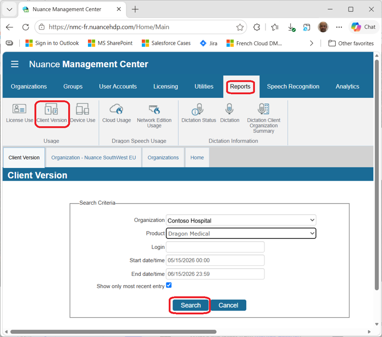 Screenshot of the Nuance Management Center Reports tab.