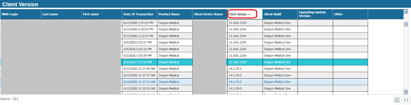 Screenshot of the Nuance Management Center Client Version report.