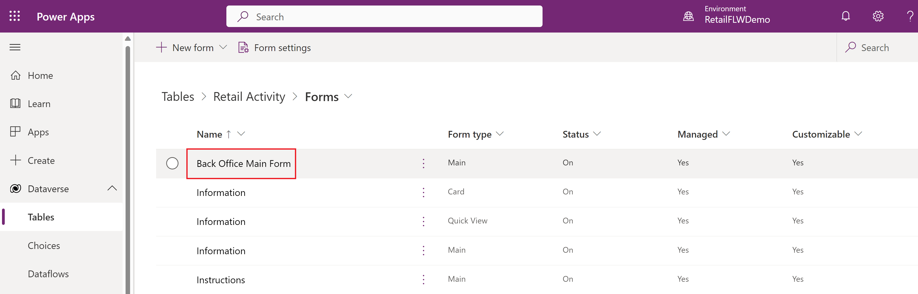 Select back office main form to create a new customized form.