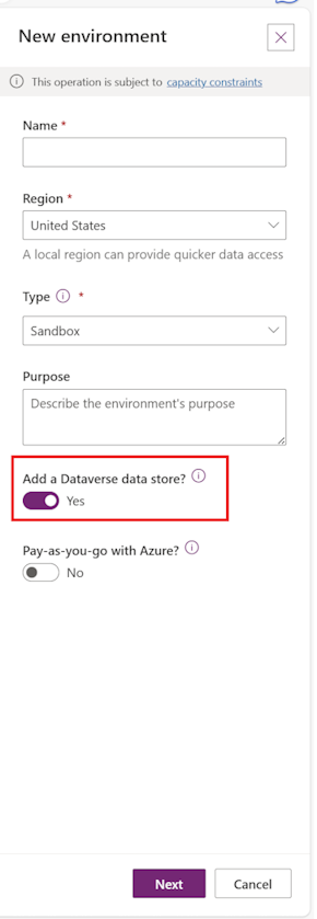The image shows how to enable a new Dataverse data store in a power platform environment.