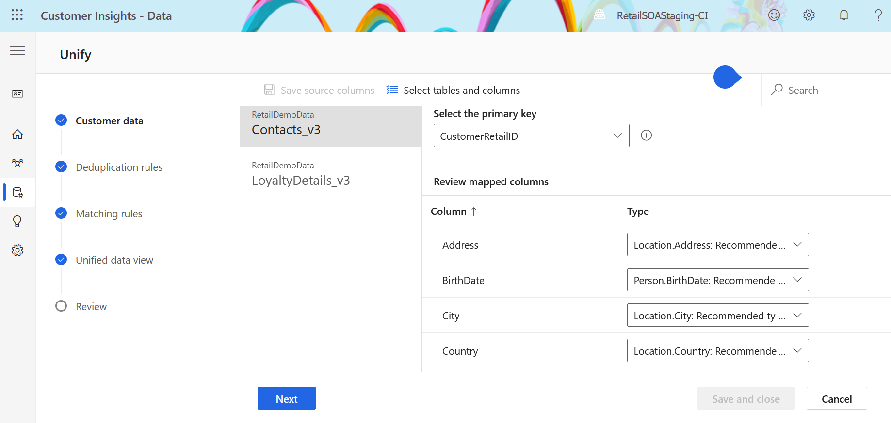 Screenshot showing source fields selected.