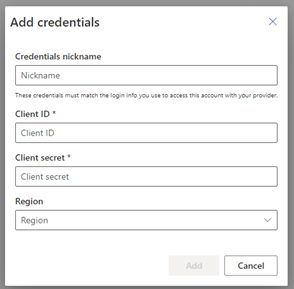Screenshot of an Add credentials page.
