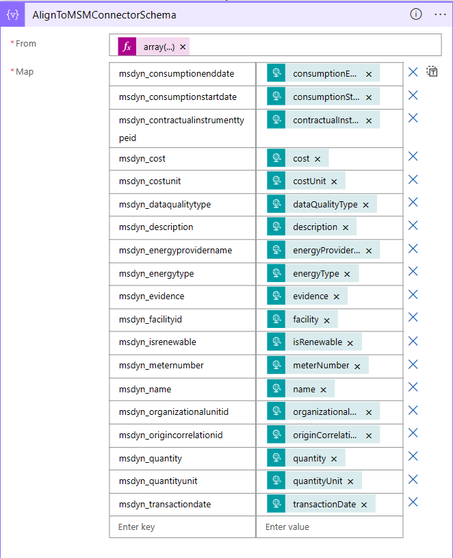 Screenshot of mapping data to the Microsoft Sustainability Manager data model.