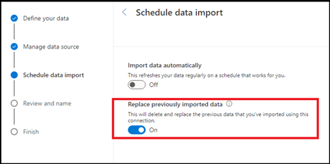 Screenshot showing how to replace previously imported data.
