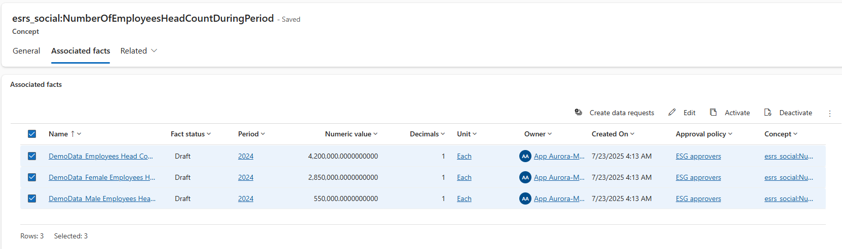 Screenshot of the Associated facts tab in Microsoft Sustainability Manager.