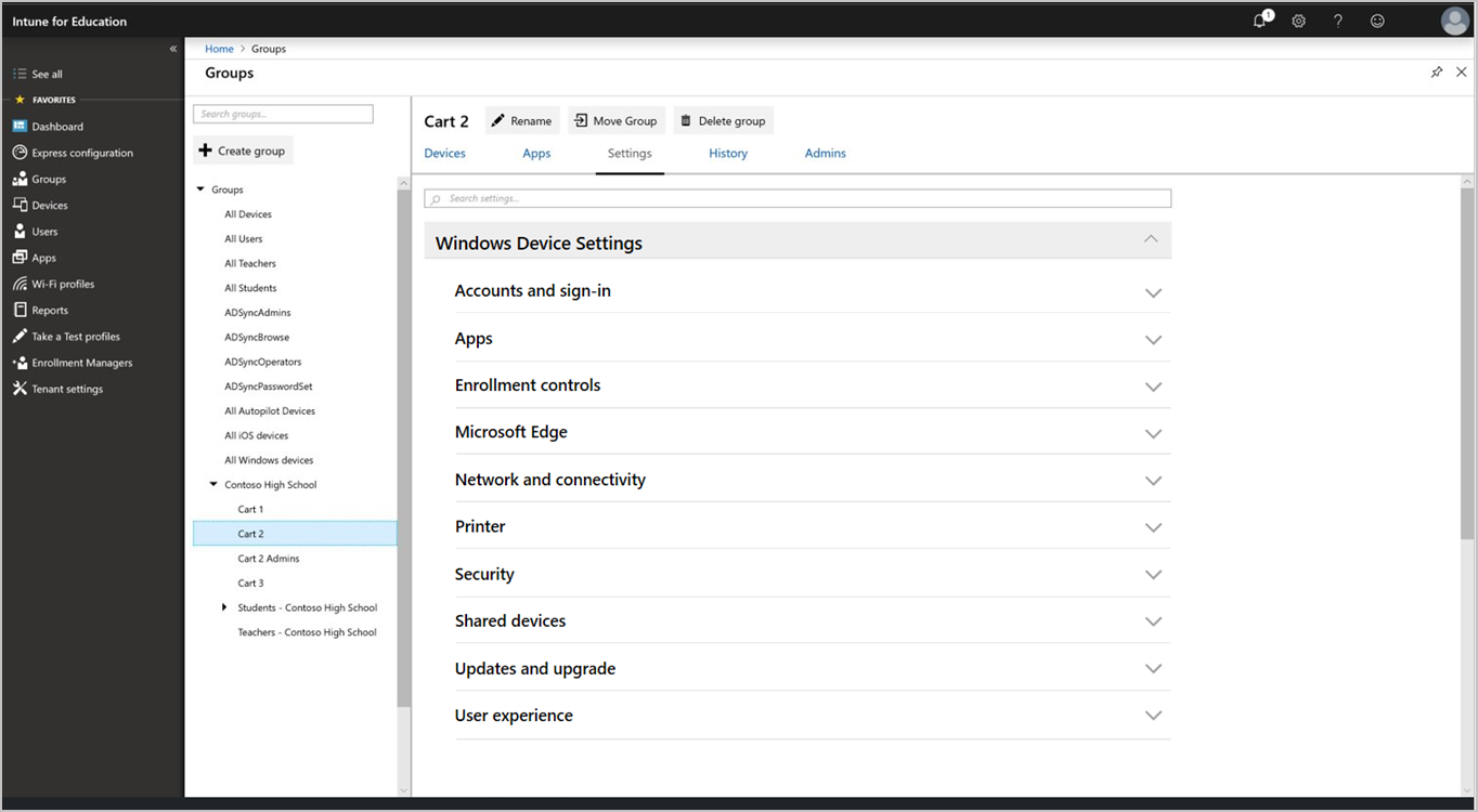 Screenshot of the All Devices, Groups page in Intune for Education. Highlights the Settings tab and shows the Windows Device Settings category is expanded to show all 10 subcategories of settings. Each setting is collapsed.