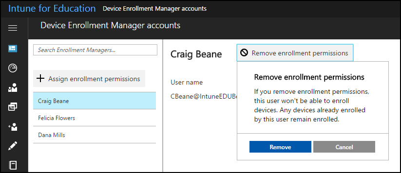Remove enrollment permissions button selected while viewing an individual Enrollment Manager's page